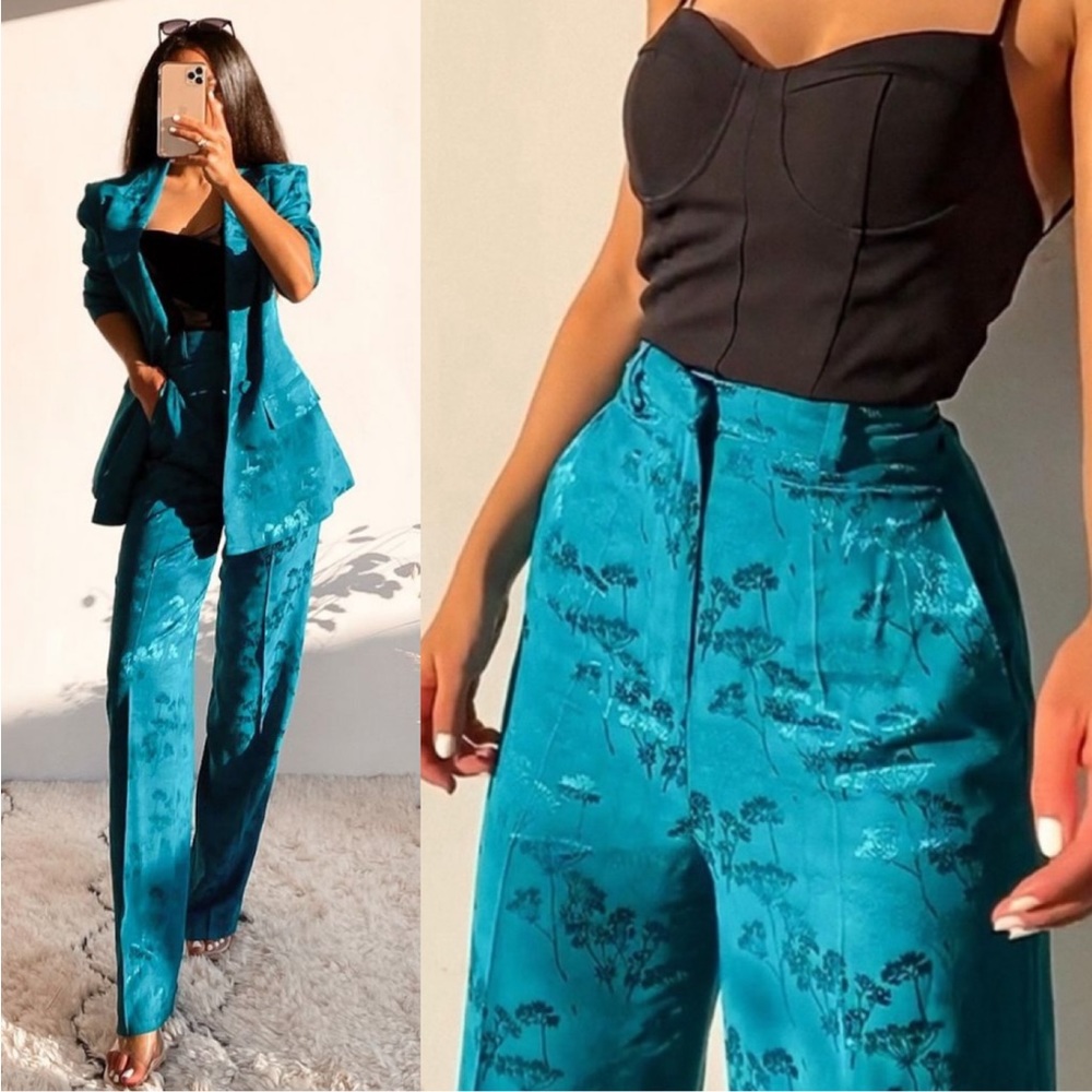 Zara Teal Floral Wide-Leg Pants